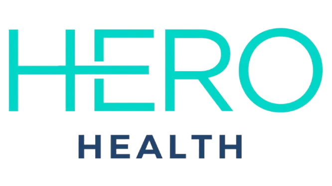 Logo with the word 'HERO' in large turquoise letters above the word 'HEALTH' in smaller dark blue letters.