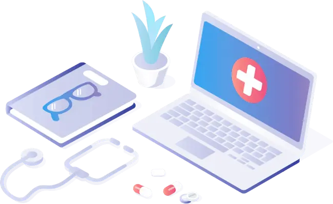 An illustration having a laptop, Notebook, Mini plant, a Stethoscope, and Medicine